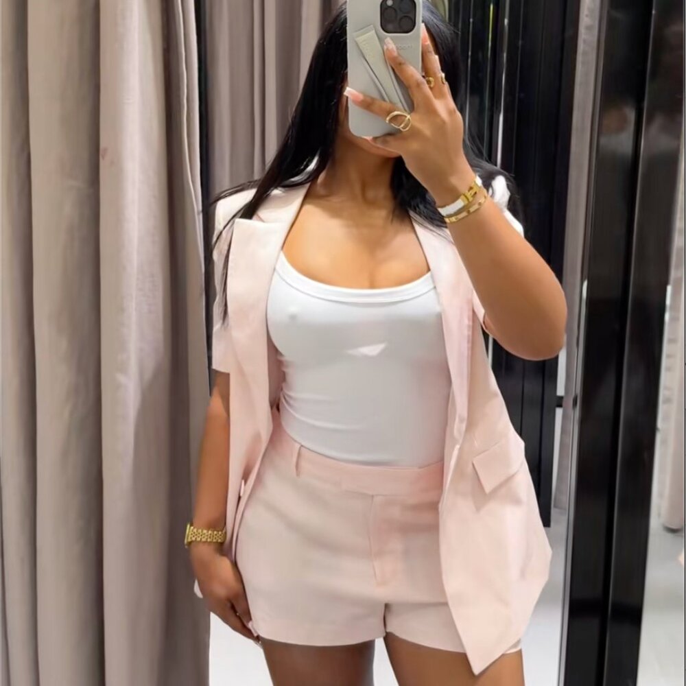 ZARA ZW WOMAN FITTED SHORT SLEEVE LINEN BLAZER PINK BLOGGER VIRAL 2753/729 XS S